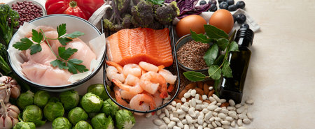 Balanced diet food background. Healthy food selection. Detox and clean diet concept. Foods high in vitamins, minerals and antioxidants. Anti age foods. Top view.の写真素材