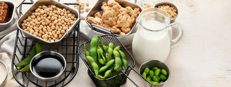 Various soy products with soy bean, tofu, soy sauce and soy milk on a light background. Top view. Panorama with copy space.の写真素材
