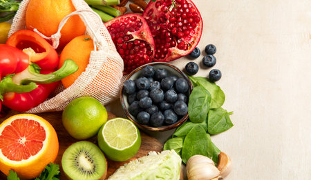 Products high in vitamin C. Healthy food concept. Top view, copy spaceの写真素材
