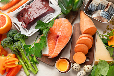 Set of high in vitamin A. Concept of healthy. Top viewの写真素材