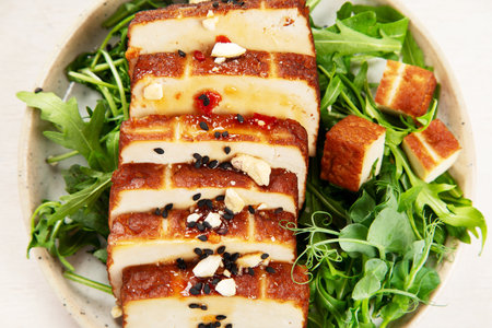 Cooked soy meat dishes on a light background. Healthy food. Vegan diet. Top view.の写真素材