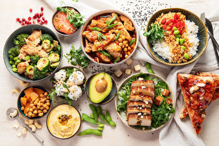 Cooked soy meat dishes on a light background. Healthy food. Vegan diet. Top view.の写真素材