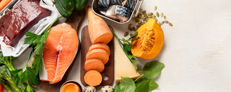 Set of high in vitamin A. Concept of healthy. Top view, copy spaceの写真素材
