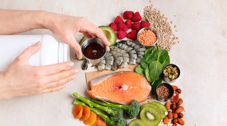 Set of foods high in vitamin E. Concept of healthy. Top viewの写真素材