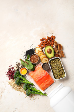 Foods rich in magnesium. Healthy food. Top view, copy spaceの写真素材