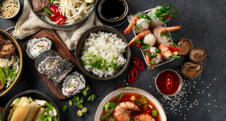 Traditional Asian food table. Spring roll, rice, shrimp, sushi, vegetables, meat on dark background. Top view, copy spaceの写真素材