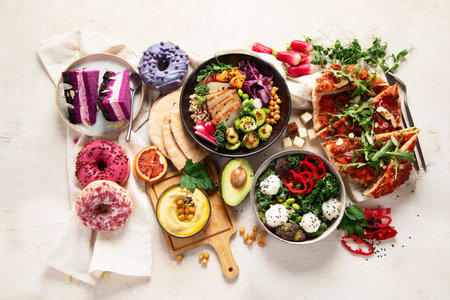 Vegan food on wooden background. Healthy and tasty brunch. Top viewの写真素材