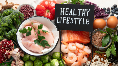 Balanced diet food background. Healthy food selection. Detox and clean diet concept. Foods high in vitamins, minerals and antioxidants. Anti age foods. Top view.の写真素材