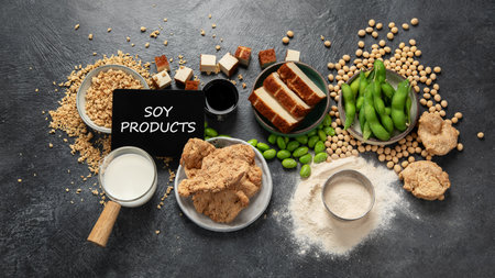 Soy products on black background. Vegan healthy food. Top viewの写真素材