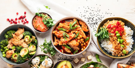 Cooked soy meat dishes on a light background. Healthy food. Vegan diet. Top view. Copy space.の写真素材