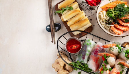 Assorted Asian meal, vietnamese food. Pho bo, noodles, spring rolls, sauces. Top view. Panorama with copy space.の写真素材