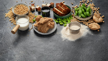 Soy products on black background. Vegan healthy food. Top view, copy spaceの写真素材