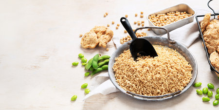 Vegan healthy food. Soy meat with beans on white background. Top view, copy space, bannerの写真素材