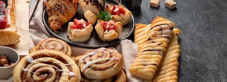 Sweet traditional pastry on dark background. Banner, copy spaceの写真素材