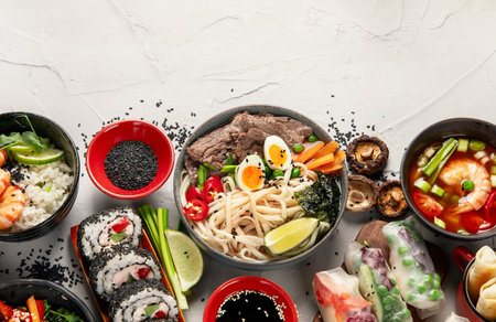 Bowls with delicious Japanese food on light background, top viewの写真素材