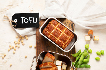 Soy food. Baked tofu cheese on a board, soybeans. Vegan product. Top viewの写真素材