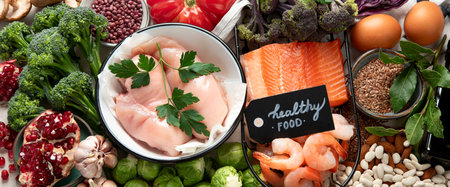 Balanced diet food background. Healthy food selection. Detox and clean diet concept. Foods high in vitamins, minerals and antioxidants. Anti age foods. Top view. Panorama.の写真素材
