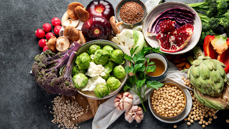 Vegan food. Pepper, broccoli, cabbage, garlic, mushrooms, pomegranate on a dark background. Top view, copy spaceの写真素材