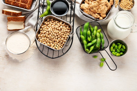 Various soy products with soy bean, tofu, soy sauce and soy milk on a light background. Top view. Copy space.の写真素材