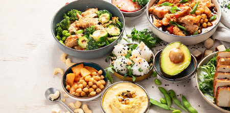 Cooked soy meat dishes on a light background. Healthy food. Vegan diet. Top view. Copy space.の写真素材