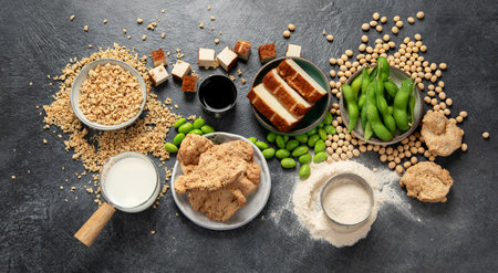 Soy products on black background. Vegan healthy food. Top viewの写真素材
