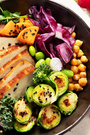 Vegan food on wooden background. Healthy and tasty brunch. Top viewの写真素材