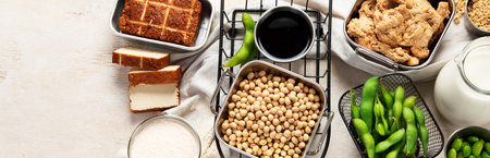 Various soy products with soy bean, tofu, soy sauce and soy milk on a light background. Top view. Panorama with copy space.の写真素材