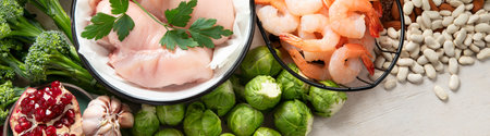 Balanced diet food background. Healthy food selection. Detox and clean diet concept. Foods high in vitamins, minerals and antioxidants. Anti age foods. Top view.の写真素材
