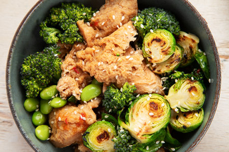 Cooked soy meat dishes on a light background. Healthy food. Vegan diet. Top view.の写真素材
