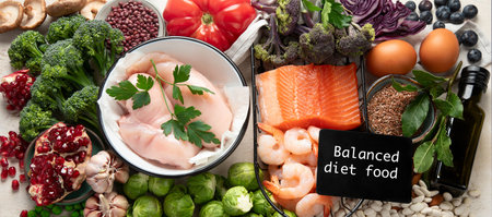 Balanced diet food background. Healthy food selection. Detox and clean diet concept. Foods high in vitamins, minerals and antioxidants. Anti age foods. Top view. Panorama.の写真素材