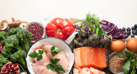 Balanced diet food background. Healthy food selection. Detox and clean diet concept. Foods high in vitamins, minerals and antioxidants. Anti age foods. Top view. Copy space.の写真素材