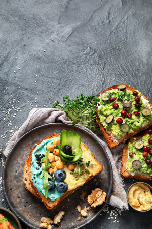 Vegetarian toasts with hummus, blueberry, avocado, tomato. delicious vegan breakfast on dark background. Top view, copy spaceの写真素材