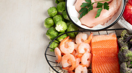 Balanced diet food background. Healthy food selection. Detox and clean diet concept. Foods high in vitamins, minerals and antioxidants. Anti age foods. Top view. Copy space.の写真素材
