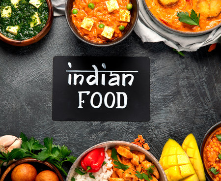 Dishes of Indian cuisine. Bowls and plates with Indian food on dark background.の写真素材