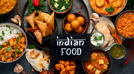 Dishes of Indian cuisine. Bowls and plates with Indian food on dark background.の写真素材