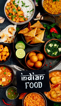 Dishes of Indian cuisine. Bowls and plates with Indian food on dark background.の写真素材