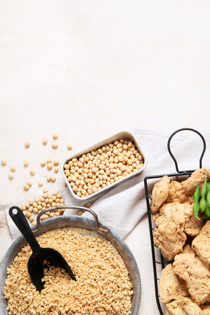 Vegan healthy food. Soy meat with beans on white background. Top view, copy spaceの写真素材