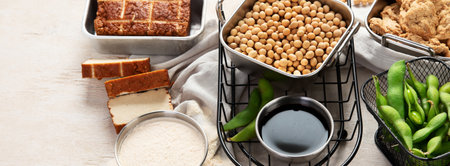 Various soy products with soy bean, tofu, soy sauce and soy milk on a light background. Top view. Panorama with copy space.の写真素材