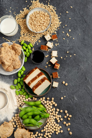 Soy products on black background. Vegan healthy food. Top view, copy spaceの写真素材