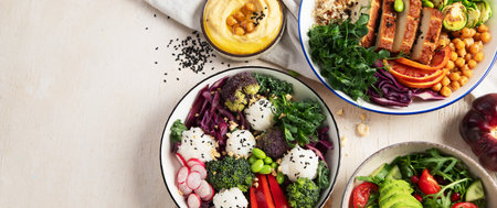 Vegetarian food concept. Set of healthy vegetarian food, salad, avocado, pizza and buddha bowl on a light background, top view. Panorama with copy space.の写真素材