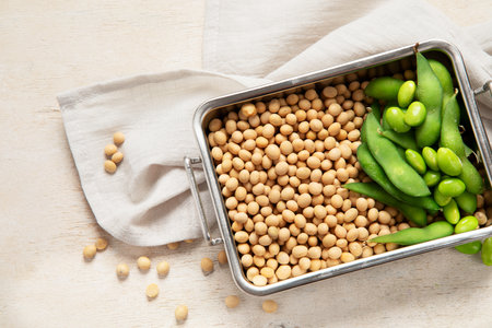 Soybeans on light cotton and wooden background. Vegan food concept. Top view, copy spaceの写真素材