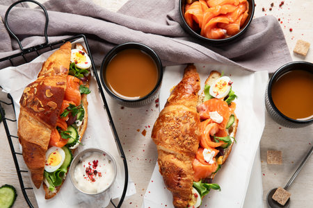 Croissant sandwich with cream cheese, cucumber, salmon and salad on a white background, top view....