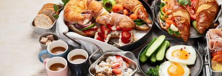 Breakfast served with coffee, croissants, eggs and snacks on a white background. Balanced diet. Top view. Panorama with copy space.の写真素材