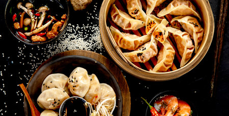 Chinese dumplings, soy sauce, mushrooms on dark background. traditional asian food concept. Top view, bannerの写真素材