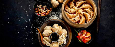 Chinese dumplings, soy sauce, mushrooms on dark background. traditional asian food concept. Top view, bannerの写真素材