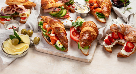 Set of tasty sweet and salty croissant sandwiches on white background, top view. Copy space.の写真素材