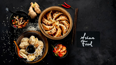 Chinese dumplings, soy sauce, mushrooms on dark background. traditional asian food concept. Top viewの写真素材
