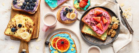 Sweet breakfast with cup of cocoa. Toast with cream cheese, banana, strawberries, blueberries. Top view, bannerの写真素材