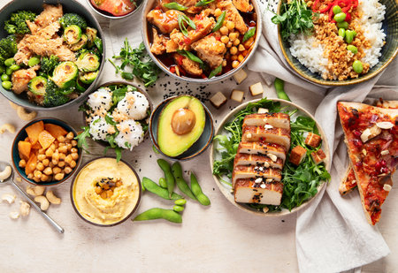 Cooked soy meat dishes on a light background. Healthy food. Vegan diet. Top view. Copy space.の写真素材