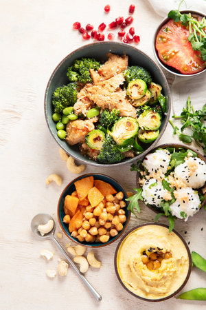 Cooked soy meat dishes on a light background. Healthy food. Vegan diet. Top view.の写真素材